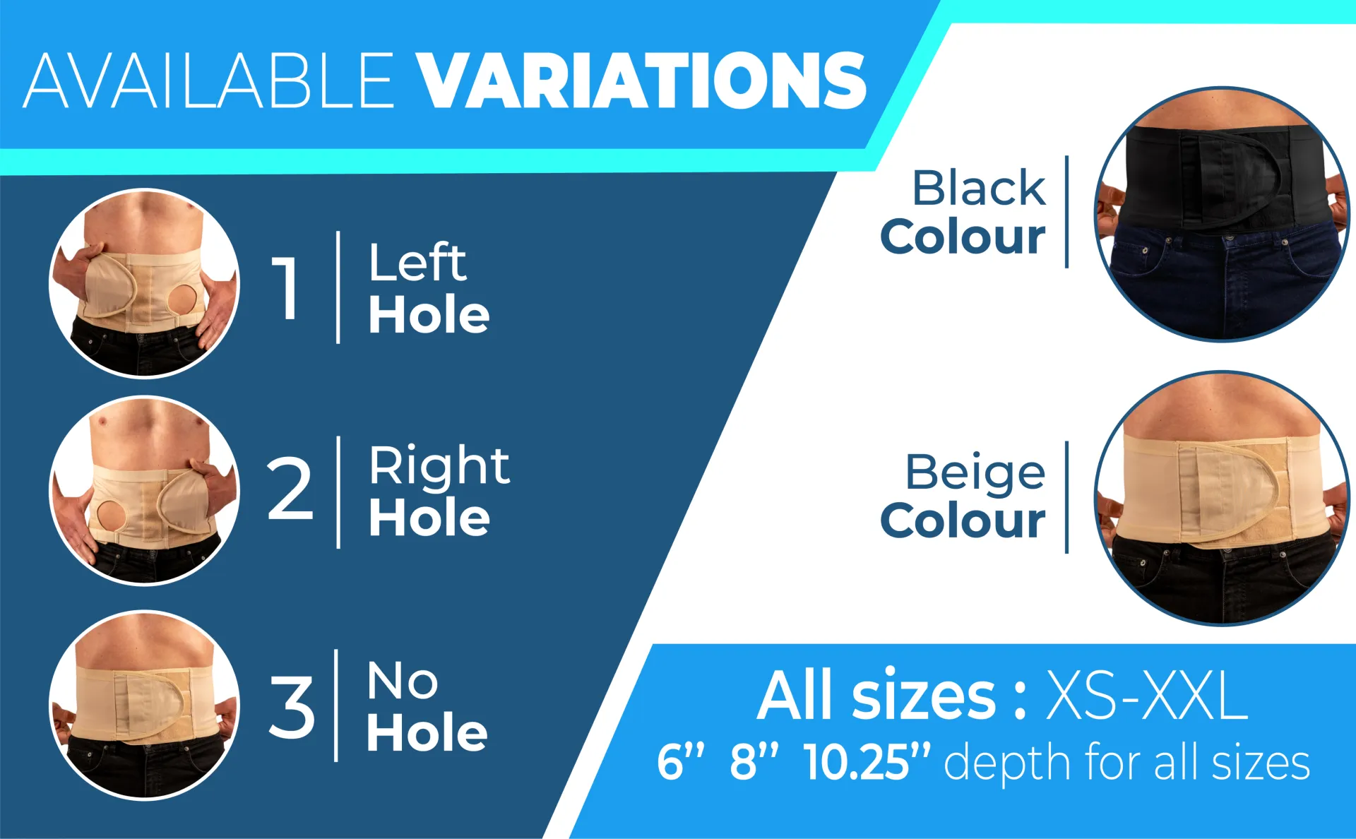 Ostomy hernia belt options: left, right or no pouch hole, black or beige, sizes XS to XXL, 6, 8 and 10.25 inch widths