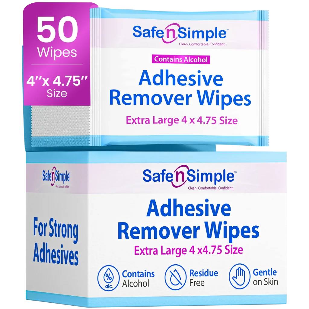 Extra large adhesive remover wipes with alcohol, 4x4.75 inch, box of 50